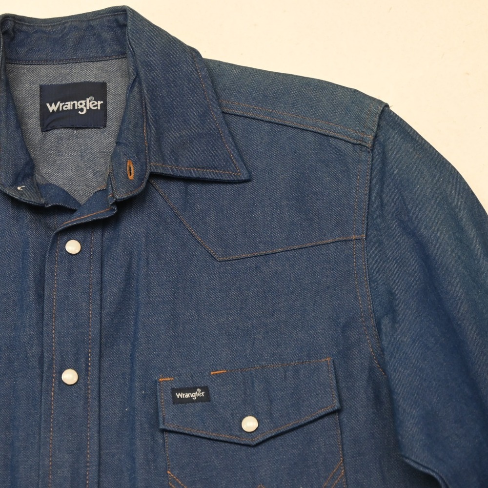 Vtg Wrangler Large Cotton Denim Pearl Snap L/S Western Rockabilly Rodeo Shirt - Picture 2 of 12